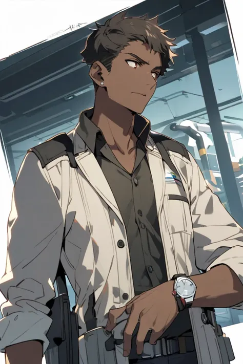 an engineer with a wristwatch,  slightly dark skin 