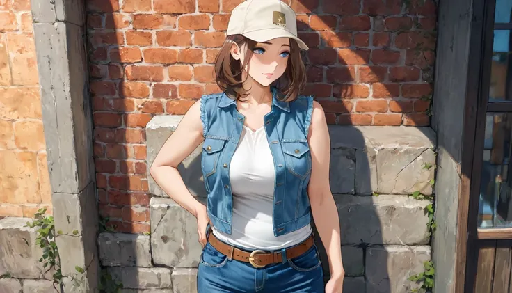 brown hair, medium hair, blue eyes, denim jacket, sleeveless jacket, brown belt, denim pants, solo, cap, mature female, hand on waist, wall bricks, masterpiece, best quality, amazing quality, detailed background, intricate details