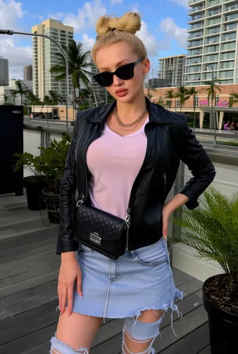 (masterpiece:1.2, best quality), 1lady, solo, upper body, big tits, Chic and edgy leather jacket paired with a classic white t-shirt and distressed jeans Confident and effortless with minimal makeup and a messy bun (Music festival or a trendy downtown neig...