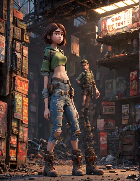 (Post-Apocalyptic:1.5), (3d Pixar art style:1.5).
(zoomed out, far shot, full body:1.3). A thinking, (closed mouth:1.5) loving nubile muscular young 18 year old (Mandarin:1.3) woman with medium natural layered brunette hair,, brown eyes, (medium breasts:1....