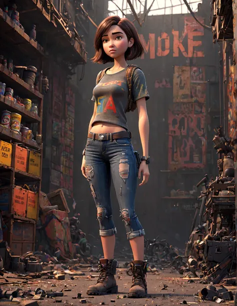 (Post-Apocalyptic:1.5), (3d Pixar art style:1.5).
(zoomed out, far shot, full body:1.3). A thinking, (closed mouth:1.5) loving nubile muscular young 18 year old (Mandarin:1.3) woman with medium natural layered brunette hair,, brown eyes, (medium breasts:1....