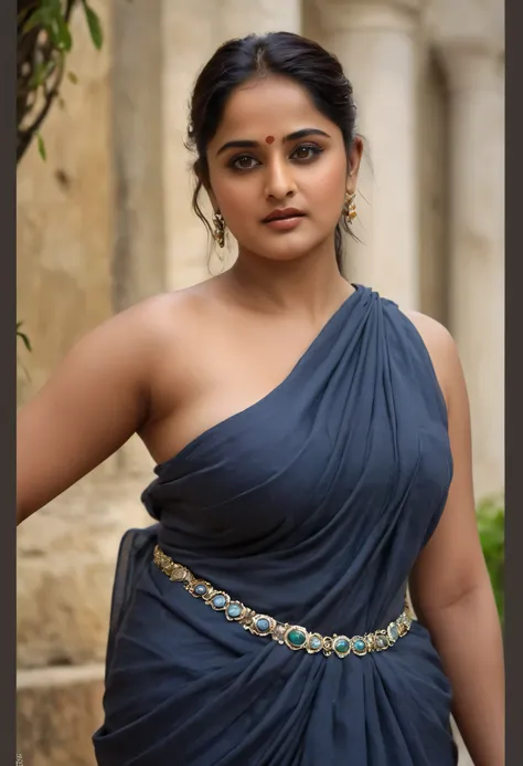 Looks like Anushka Shetty, (solo), middle aged woman, Masterpiece, Best quality, high clarity eyes, beautifully styled hair, curvy, sexy navel folds, feminine curve, motherly figure, critically flawless,sharp picture, Full portrait, High pixels, perfect fa...