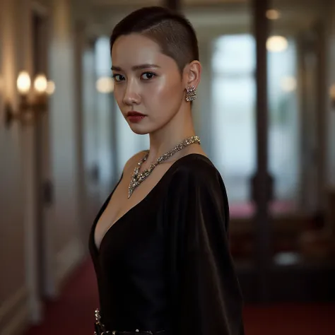   full body shot of a beautiful Korean girl  , a clean precise men inspired "super short skin buzzcut" and with a "high & tight skin complete around undercut" and a side shave for a woman, black latex evening dress, Earrings,  necklace, light reflections, ...