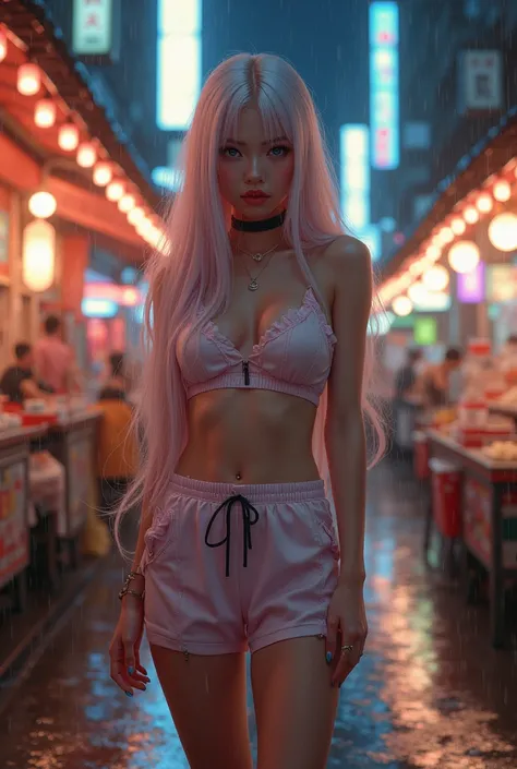 raining night,city,A beautiful woman in gyaru makeup wearing sport suit on the bustling streets of Gintama, surrounded by vendors, beautiful portrait of a stunning goddess girl, beautiful detailed face, porcelain skin, full body shot, centered, ultra soft ...