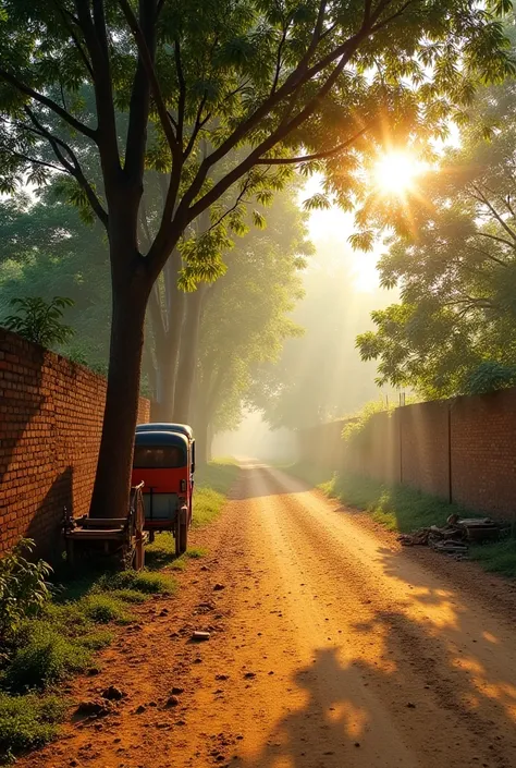 The midday sun casts a golden hue over a dusty roadside near a dense jungle. The air is thick with warmth, carrying the faint scent of earth and dry leaves. A gentle breeze rustles through the branches of towering mango trees, their green canopies swaying ...