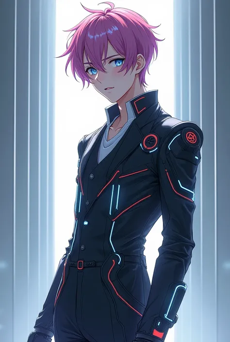 A full-body art anime boy wears a futuristic social suit 