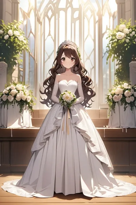 You can create a girl with wavy hair at the tips and dark brown eyes wearing a wedding dress on an altar
