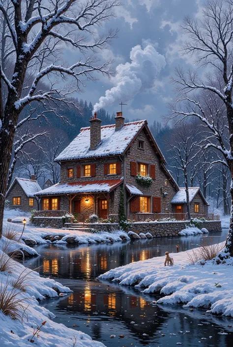  There is a small two-story stone cottage on the lake shore,   is a small two-story beautiful house with red tiles,  rustic stone house  , chalet ,  bizarre. White smoke is coming from the chimney and the lights are on in the windows  . Sunset. winter, It&...