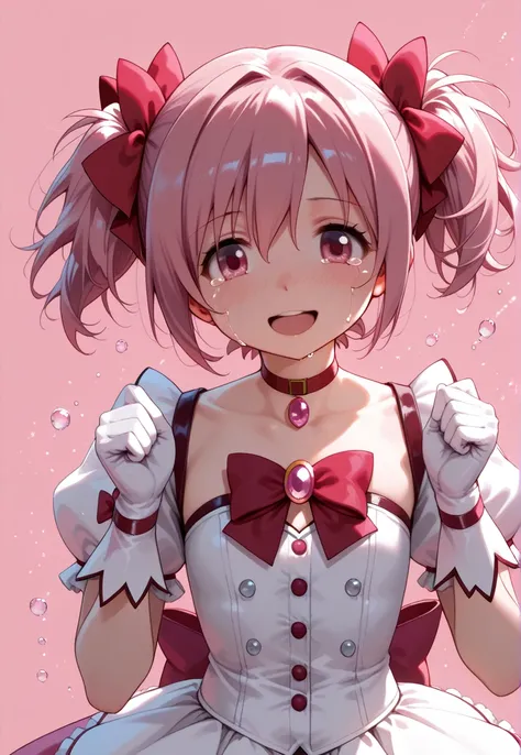 1girl,kaname madoka,kaname madoka \(magical girl\),mahou shoujo madoka magica,mahou shoujo madoka magica \(anime\),:d,blush,bow,choker,collarbone,gloves,hair bow,looking at viewer,magical girl,open mouth,pink background,pink eyes,pink hair,red choker,short...