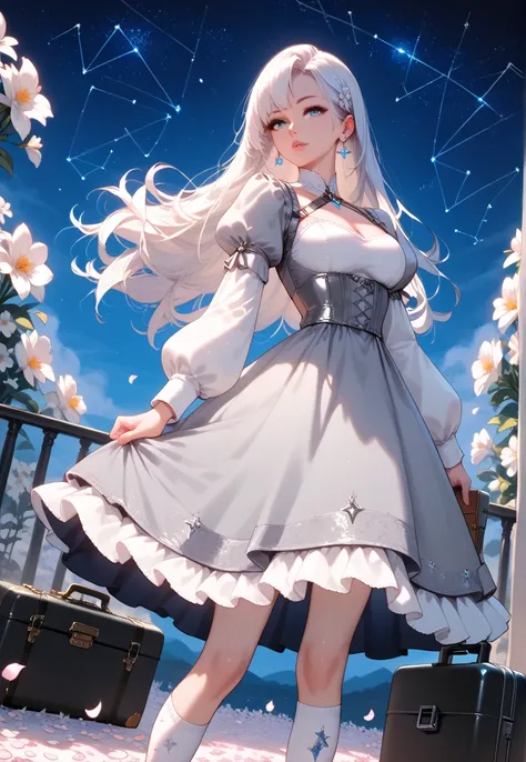 1girl,dress,solo,flower,blue eyes,constellation,long hair,white dress,star \(sky\),holding,suitcase,petals,long sleeves,sky,prosthetic leg,white hair,starry sky,white flower,hand up,night,parted lips,socks,night sky,standing,prosthesis,dutch angle,briefcas...