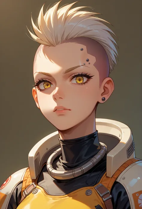 1 female, white mohawk buzz sides, gold yellow eyes, cybergoth bodysuit, spacesuit, bounty hunter, anime, futurepunk , style of anime