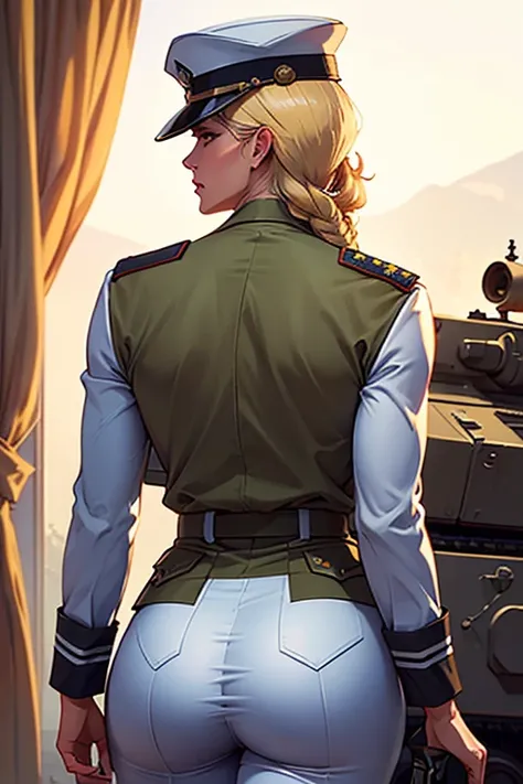 A beautiful woman in military officer's khaki uniform, officer hat, Anna Gunn, back view, wide hips, military camp, (best quality,4k,8k,highres,masterpiece:1.2),ultra-detailed,(realistic,photorealistic,photo-realistic:1.37),extremely detailed face,beautifu...