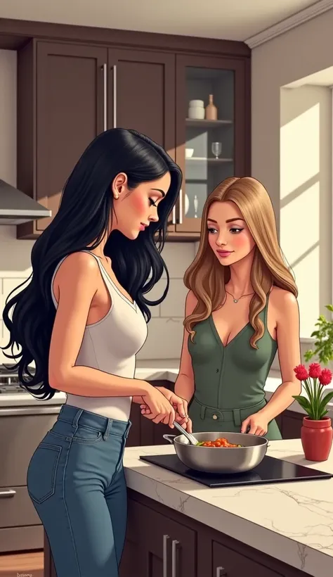 two friends. 
A luxury kitchen .
A woman with long black hair wearing jeans cooking.A woman with long light brown hair sitting at the table and watching her friend cook.

 Illustration .