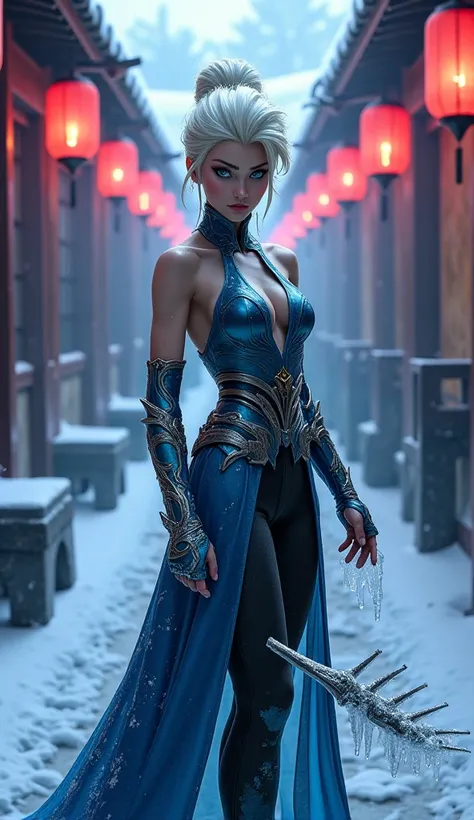 "Ultra-realistic depiction of Elsa from Frozen reimagined as Kitana from Mortal Kombat 3 Ultimate, standing in a dramatic battle-ready pose inside a dark, atmospheric Japanese fighting corridor. Elsa’s platinum blonde hair is intricately styled in a high, ...