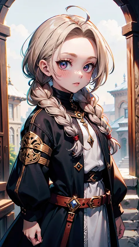 A young adult halfling rogue, wearing cute and somewhat extravagant clothes, white, with a mischievous look, copper-colored long curly hair, styled in two slightly messy braids