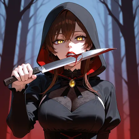 Black Dress, Breasts, Yellow Eyes, Brown Hair, Vampire, Solo, Mouth Covered in Blood, Crimson Lips, Black Hood, Dark Forest, Knife in Hand