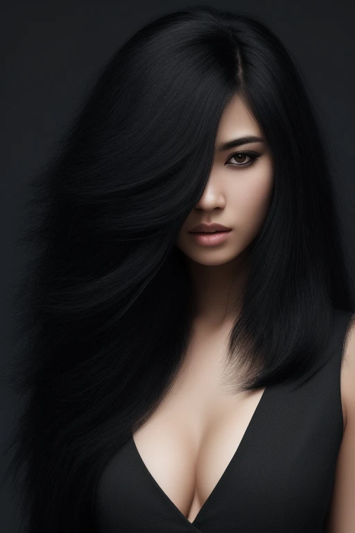      very long hair , almost completely jet black hair  ,    long wolf hairstyle,     most extreme lion hair       ,Thick Hair, fluffy hair ,The hair covers the entire left eye,heaviest hairstyle     ,  Shiny Black Hair,   1 Japanese woman ,   Female priso...