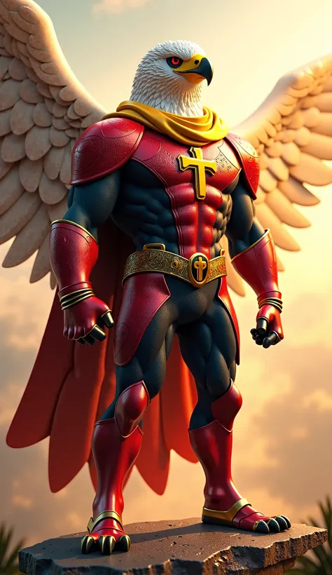 Create a 3d superhero image that is half eagle, half man for a mascot for the "Clube Águias do Rei". The character must wear a yellow scarf around his neck, similar to that of the scout club. The character must wear a yellow scarf around his neck, similar ...