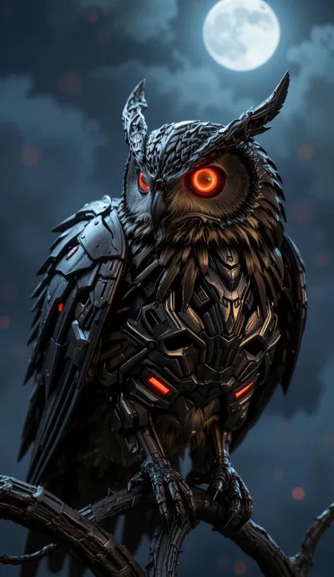 Full body mechanized owl、, the whole body is metallic gray and shines dull、The neck is turned 90 degrees and turned to the side、 are clutched by feet on a large perch、The bright red LED flashes strongly in the eye and is trying to catch prey、Night performa...