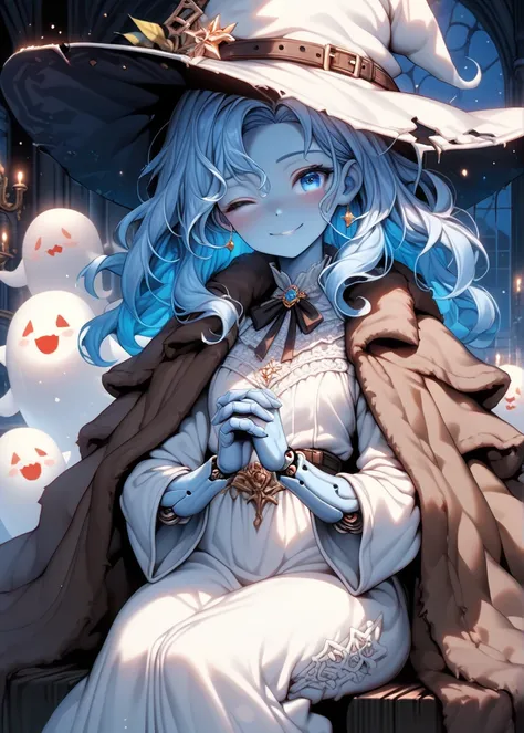 masterpiece, best quality, newest, absurdres, highres, 1girl, RnnDef, blue eyes, one eye closed, blue hair, wavy hair, (4 arms:1.2), extra faces, ghost face, blue skin, colored skin, cracked skin, doll joints, witch hat, large hat, white headwear, white dr...