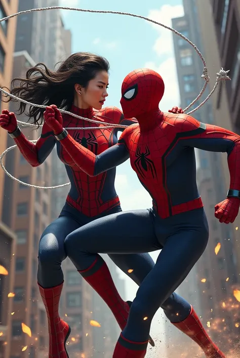 Asian woman whipping Spiderman's ass 