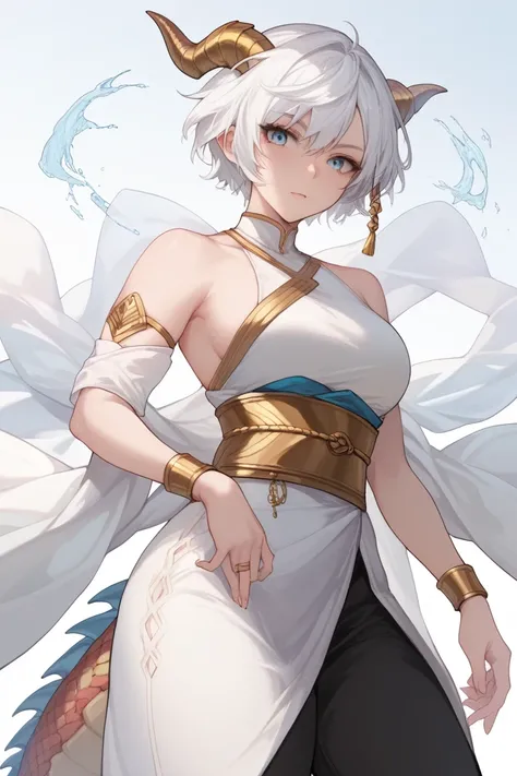 Woman, fair skin, blue eyes, white hair, short hair, anime style, White dress, gold sash, gold wristband, black wide pants,,Horns, dragon scales 