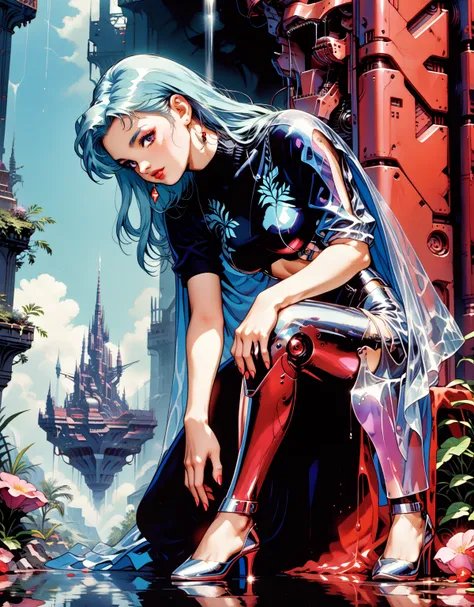 Score 9, Score 8+, Score 7+, Score 6+, Uncensored. An ultra-detailed 8k manga-style illustration of a captivating female character sitting confidently on a futuristic digital throne. ((Her posture exudes power and allure, with one leg elegantly propped up ...