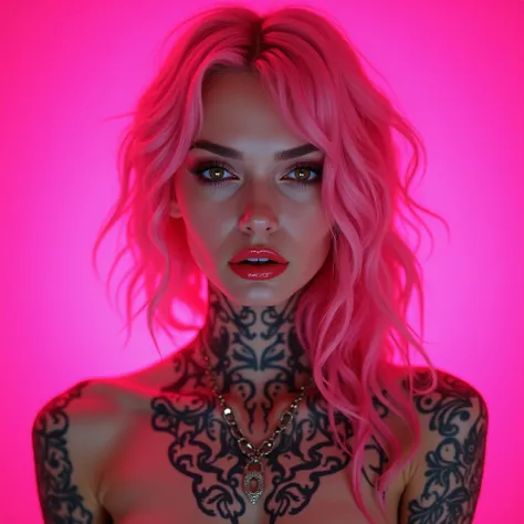 Sexy girl with pink hair and tattoos and a pink background