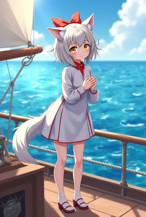 A anime wolf girl with a bow on a sailing ship.