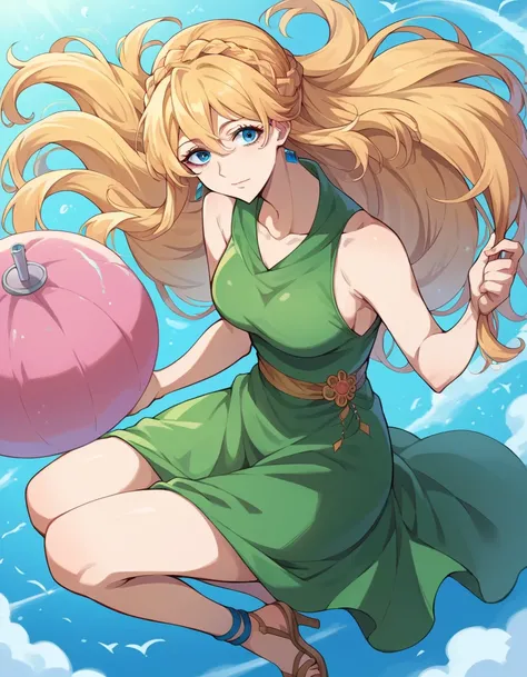 score_9, score_8_up, score_7_up, source_anime, muchengsu, su mucheng, long hair, blonde hair, blue eyes, hair between eyes, hair braid, mature female, 1girl, female, solo, Sleeveless v-neck knit, green dress, makeup, high heels sandals, party