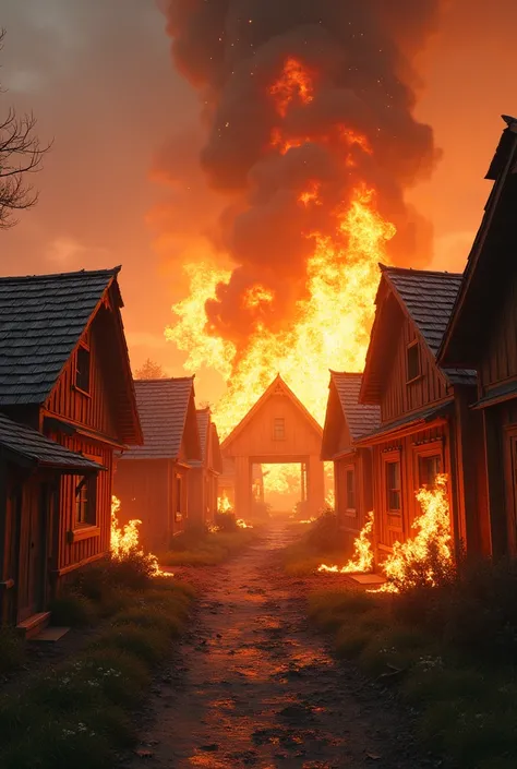 Wooden houses are devoured by the year of flame with dramatic lighting 