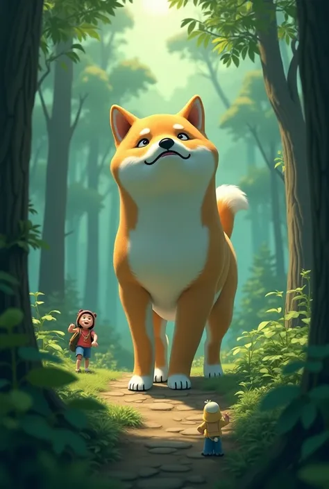 1. style: "Renderização 3D", "fantasia Illustration", "estilo Ghibli"

2. cena: "misteriosoな森", "floresta enevoada"

3. PERSONAGEM: 
   - "Shiba Inu Gigante" Ouvindo - "Cinco pequenos aventureiros com mochilas"sussurra algo. iluminação: "Luz Fantástica", "...