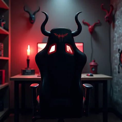  A dark gothic gaming setup with a demonic aesthetic. The scene is seen from the back of the desk , featuring a centered black and red gaming chair with a view of the bedroom in the background.