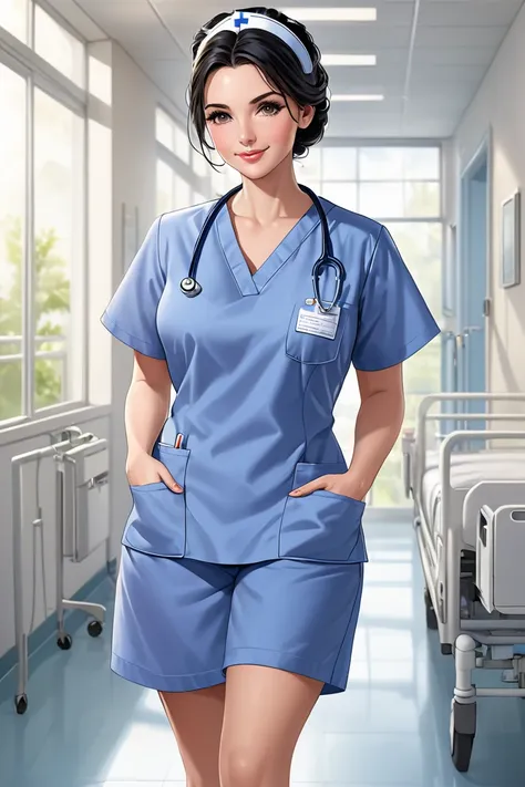 (masterpiece, best quality, 8k, high definition), whole body, 1 adult woman, black hair loosely tied back, Mid-chest, soft hazel eyes, soft lips, beautiful face, natural light, detailed background, Detailed Illustration Art, wearing modern nurse scrubs, wa...