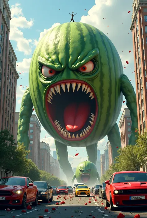 Angry big watermelons with big mouths damaging city buildings and cars very bad watermelons 