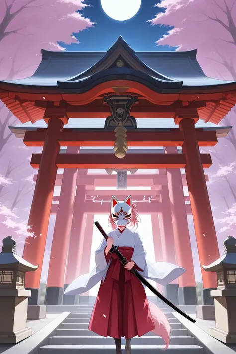 Japanese woman wearing a kitsune mask holding a katana in front of a Japanese temple with surrounding sakura trees and a moon