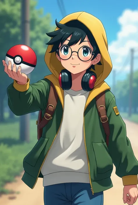 Realistic anime boy  ,Pokemon full body trainer with round glasses, white sweatshirt on and round headphones under the hood , with open green jacket and a brown backpack , Throwing a Pokeball