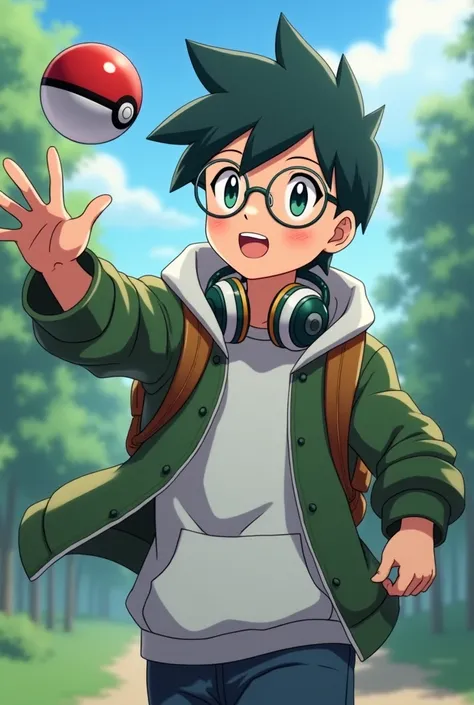 Realistic anime boy  ,Pokemon full body trainer with round glasses, white sweatshirt on and round headphones under the hood , with open green jacket and a brown backpack , Throwing a Pokeball