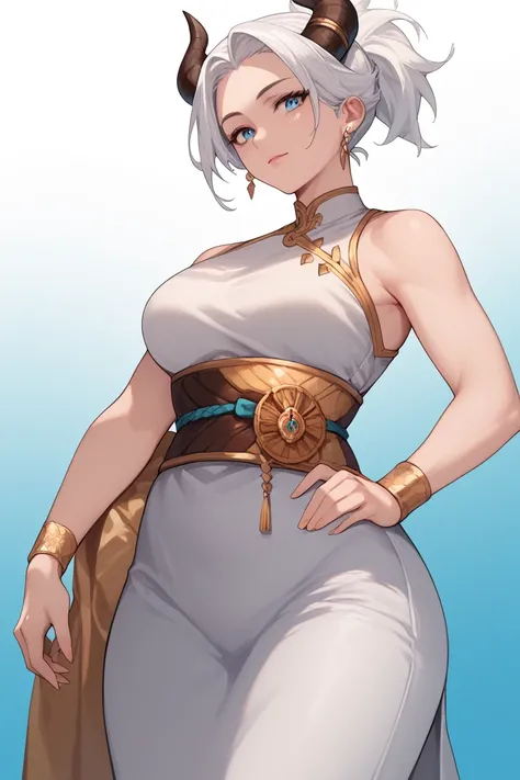 Mature Woman, fair skin, blue eyes, white hair, short hair,Ponytail , anime style, White dress, gold sash, gold wristband, black wide pants,,Horns, dragon scales 