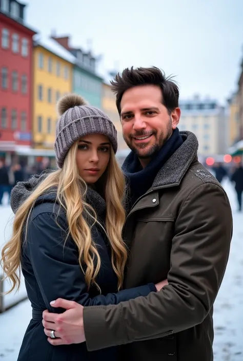 A realistic photo of a italian guy and his swedish girlfriend a gorgeous blonde swedish young woman with long blonde hair. Both are dressing winter clothes posing in stockholm for the camera