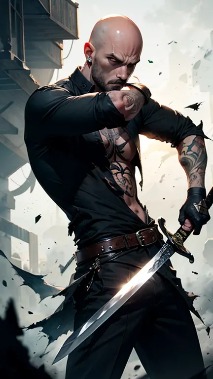 man, sword, torn clothes, Black mist, scary scenario,  High resolution, bald,tattoos.