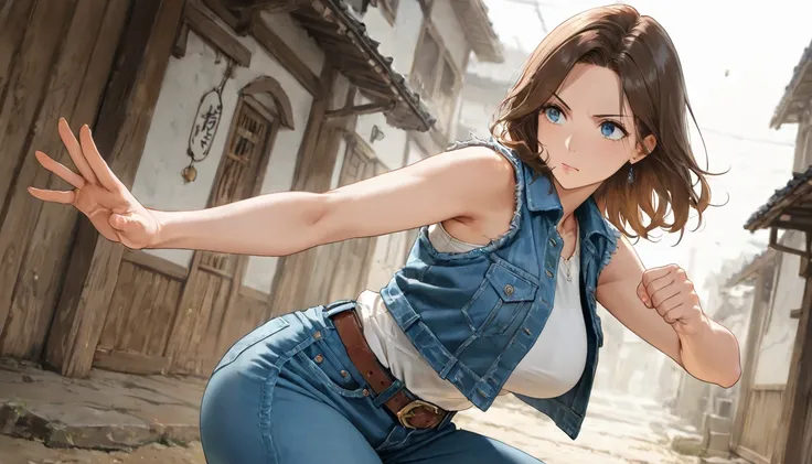 brown hair, medium hair, blue eyes, denim jacket, sleeveless jacket, brown belt, denim pants, solo, cap, mature female, hand on side, fighting stance, clenched hand, masterpiece, best quality, amazing quality, detailed background, intricate details