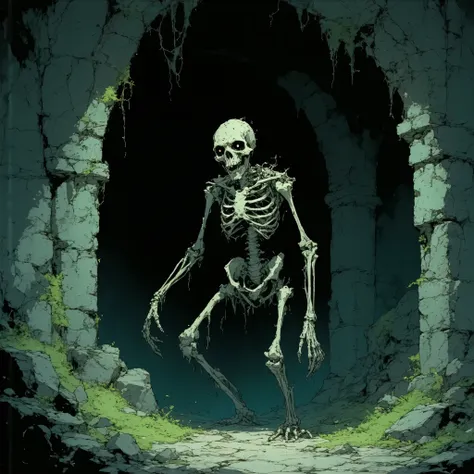 A skeleton, moving, monster, dungeons and dragons style, on a dungeon, human skeleton