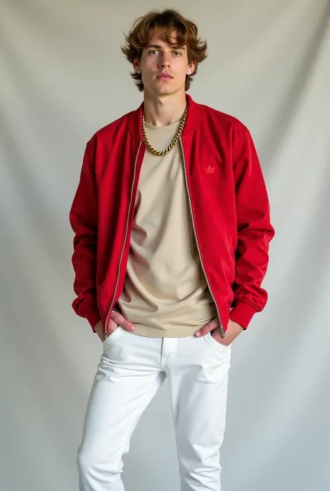 Creates an image of a white male model, rangy, with light brown wavy hair that reaches his shoulders. He is wearing a beige Adidas shirt that fits his torso, white tight jeans that highlight his figure, and black sneakers that give him a sporty touch. She ...