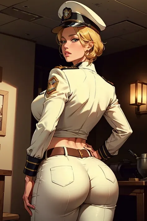 A beautiful woman in military officer's khaki uniform, officer hat, Anna Gunn, back view, wide hips, military camp, (best quality,4k,8k,highres,masterpiece:1.2),ultra-detailed,(realistic,photorealistic,photo-realistic:1.37),extremely detailed face,beautifu...