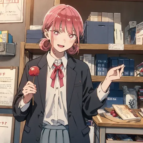 (from below:1.2,Best Quality),chono hina, Solo,pink hair, pink eyes, hair bun, anime screen shot, anime scene, pink cardigan, diagonal-striped bow, red ribbon, grey skirt, pleated skirt, collared shirt, white shirt, smirk, hand to own mouth, Hold a japanes...