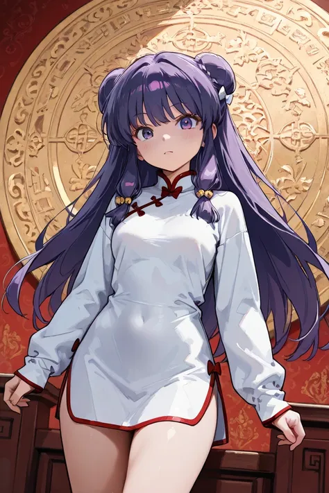 A  highly detailed  and  high resolution sweatshirt image of "Shampoo" [de ranma 1/2];  Chinese girl with long purple hair and twin bows; beautiful,sexual chair ornament; a ((red)) Chinese qipao (cheongsam) (Long shirt ) dress,  purple-eyed ; a red colored...