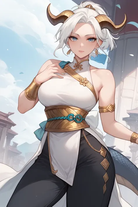 Mature Woman, fair skin, blue eyes, white hair, short hair,Ponytail , anime style, White dress, gold sash, gold wristband, black wide pants,,Horns, dragon scales 