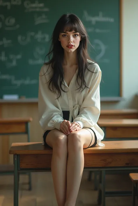 I want to see her full body sitting on the school desk table