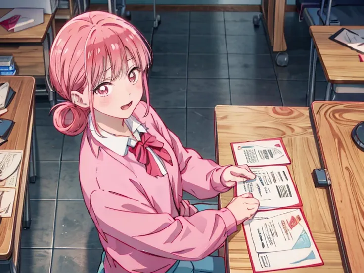 (from above:1.2,Best Quality),chono hina, Solo,pink hair, pink eyes, hair bun, anime screen shot, anime scene, pink cardigan, diagonal-striped bow, red ribbon, grey skirt, pleated skirt, collared shirt, white shirt, smirk, hand to own mouth, Hold a japanes...